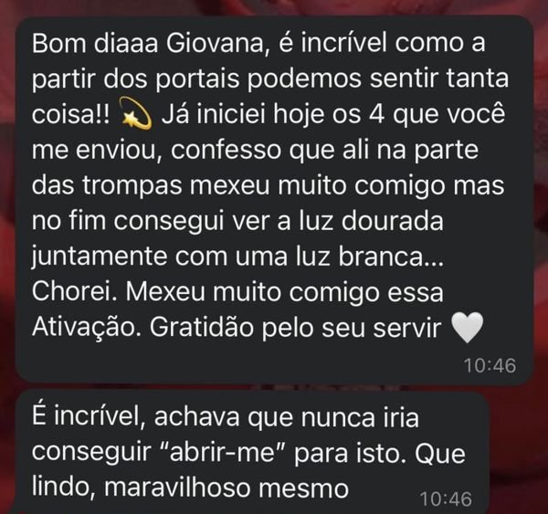 Print do WhatsApp: “Bom diaaa Giovana, é incrível como a partir dos portais podemos sentir tanta coisa!! Já iniciei hoje os 4 que você me enviou, confesso que ali na parte das trompas mexeu muito comigo mas no fim consegui ver a luz dourada juntamente com uma luz branca… Chorei. Mexeu muito comigo essa Ativação. Gratidão pelo seu servir” e “É incrível, achava que nunca iria conseguir ‘abrir-me’ para isto. Que lindo, maravilhoso mesmo”