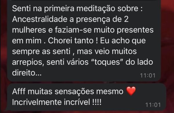 Print do WhatsApp: “Senti na primeira meditação sobre: Ancestralidade a presença de 2 mulheres e faziam-se muito presentes em mim. Chorei tanto! Eu acho que sempre as senti, mas veio muitos arrepios, senti vários ‘toques’ do lado direito…” e “Afff muitas sensações mesmo. Incrivelmente incrível!!!!”