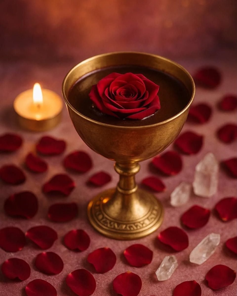 Cálice dourado com uma rosa vermelha, entre pétalas de rosa, cristais e uma vela acesa